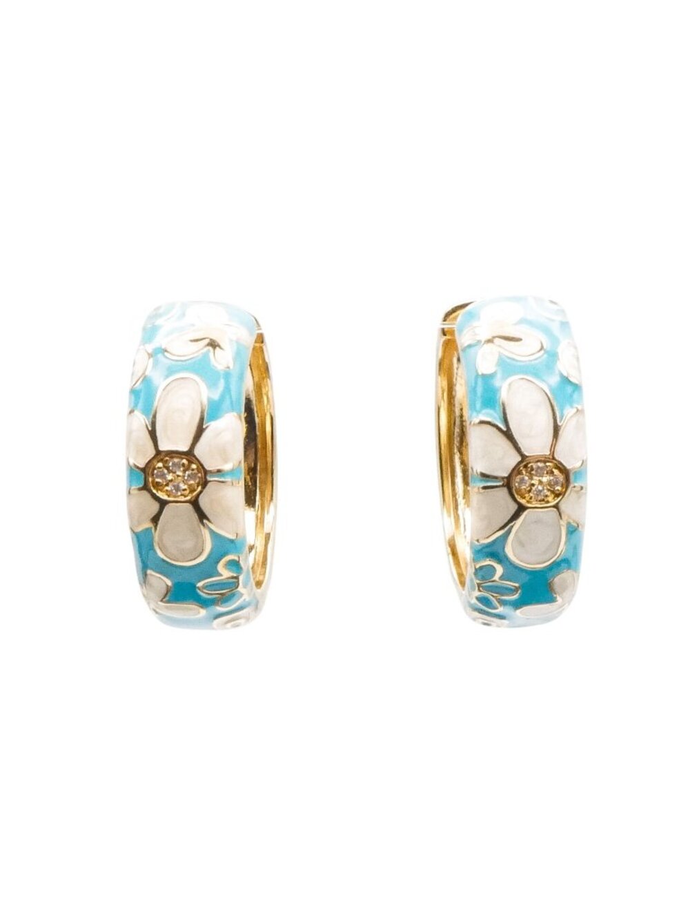White Floral Blue Enamel Gold Plated Hoop Earrings With CZ